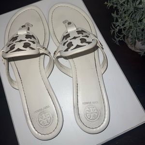 Pre owned and loved white leather Tory Burch Miller sandals.
